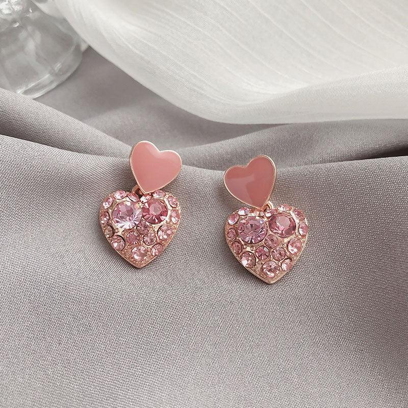 925 Silver Needle Pink Diamond Heart Female Earrings