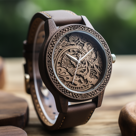 Leather Artisan Carved Wood Watch