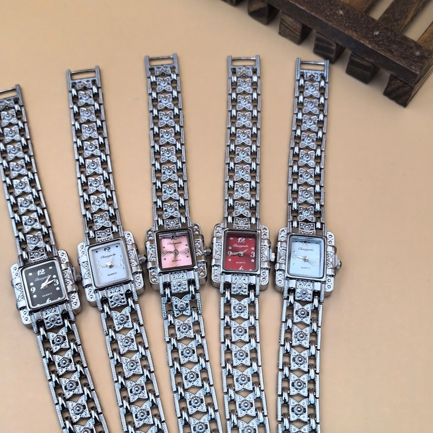 Women Rectangle Dial Silver Stainless Steel Crystal Watches