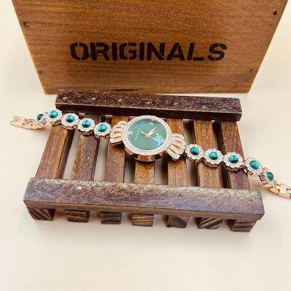 Women Green Quartz Wristwatches Rhinestone Watches