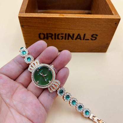 Women Green Quartz Wristwatches Rhinestone Watches