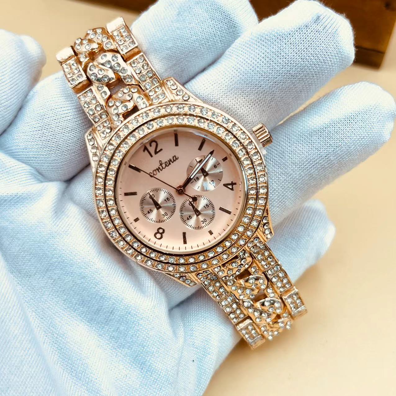 Women's Stainless Steel Golden Crystal Watch