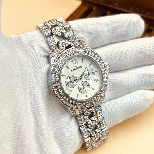 Women's Diamond-Encrusted Steel Strap Quartz Watch