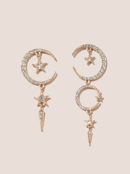 Alloy Diamond Asymmetric Star Moon Earrings