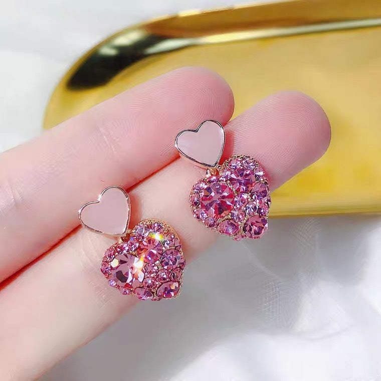 925 Silver Needle Pink Diamond Heart Female Earrings