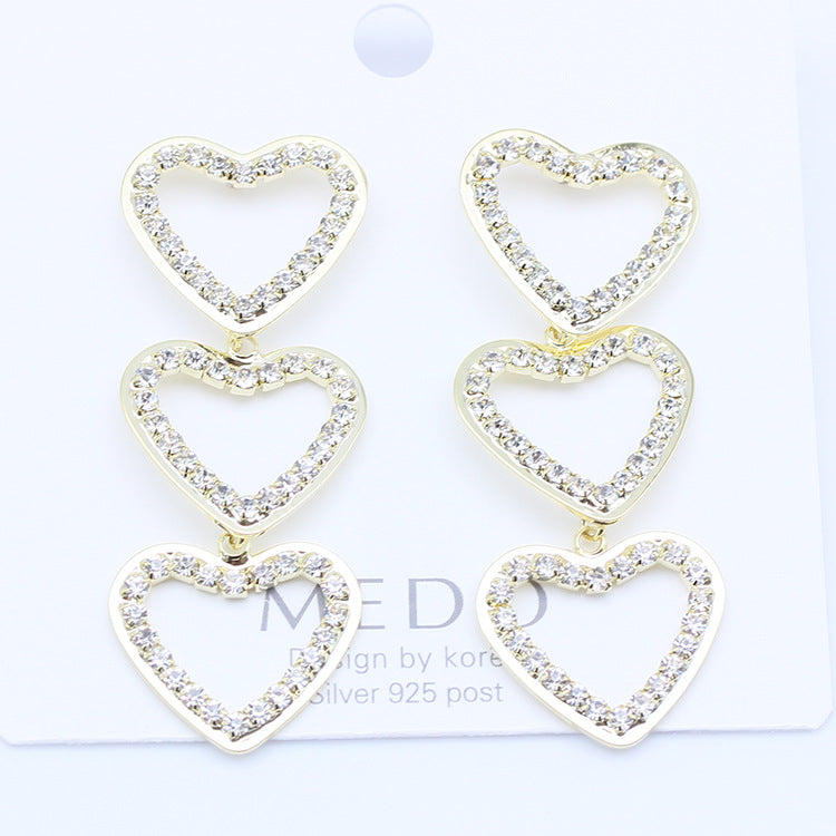 925 Silver Needle Sweet Hollow Diamond Love Earrings