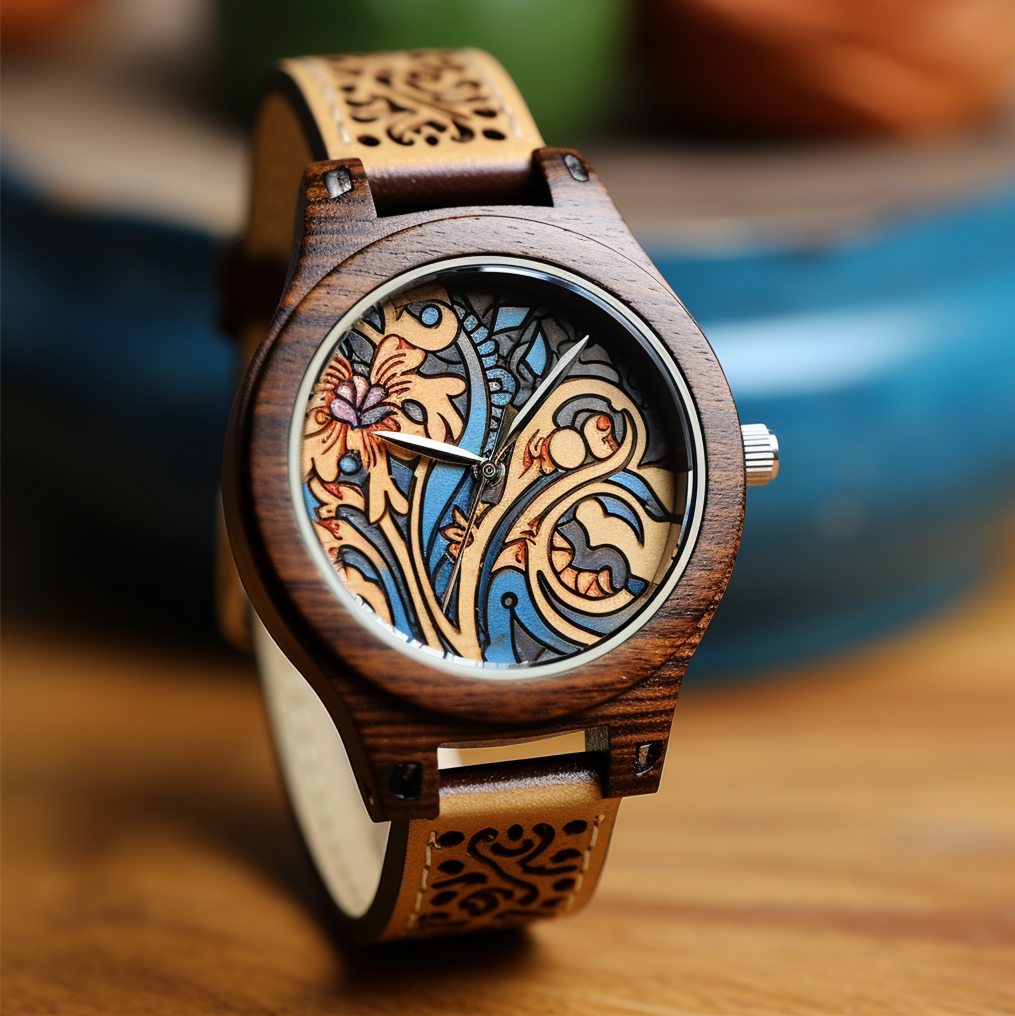 Colorful Floral Carved Wooden Watch