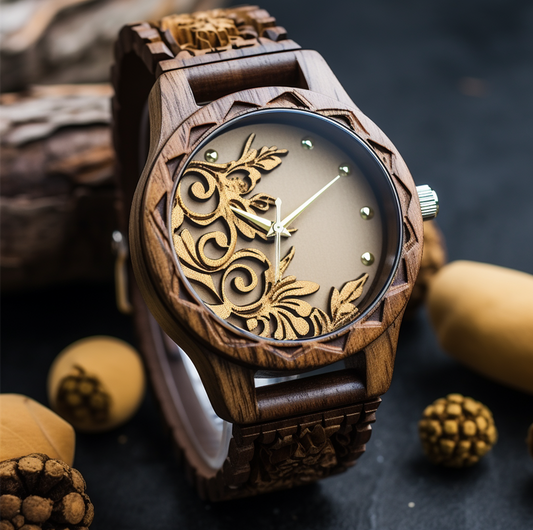 Lightweight Floral Carved Wooden Watch