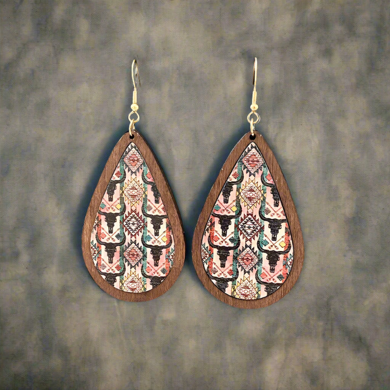 Western Vintage Water Drop Pattern Wooden Earrings