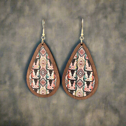 Western Vintage Water Drop Pattern Wooden Earrings