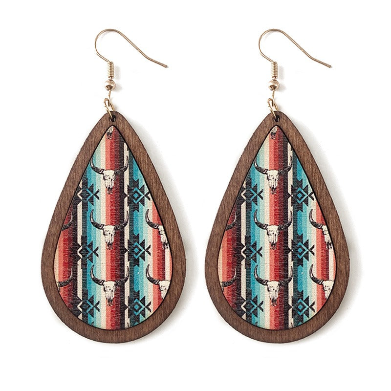 Western Vintage Water Drop Pattern Wooden Earrings