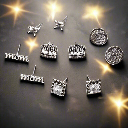 Vintage Set with Diamonds Crown Letters MOM Stud