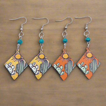 Western Style Turquoise Cactus Sunset Wooden Earrings