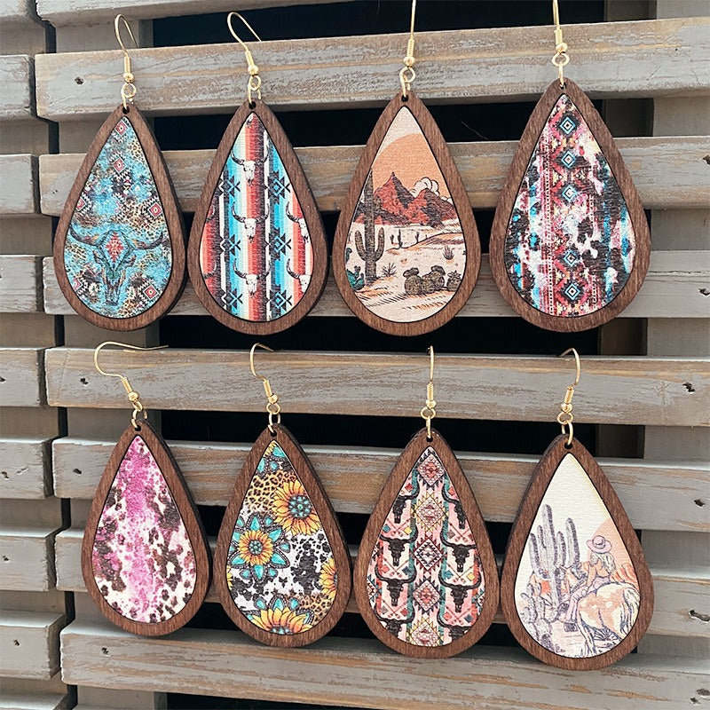 Western Vintage Water Drop Pattern Wooden Earrings