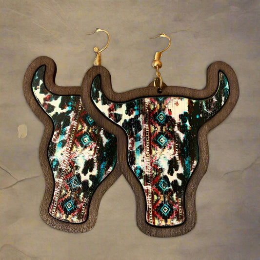 Western Vintage Bull Head Inlaid Wooden Earrings