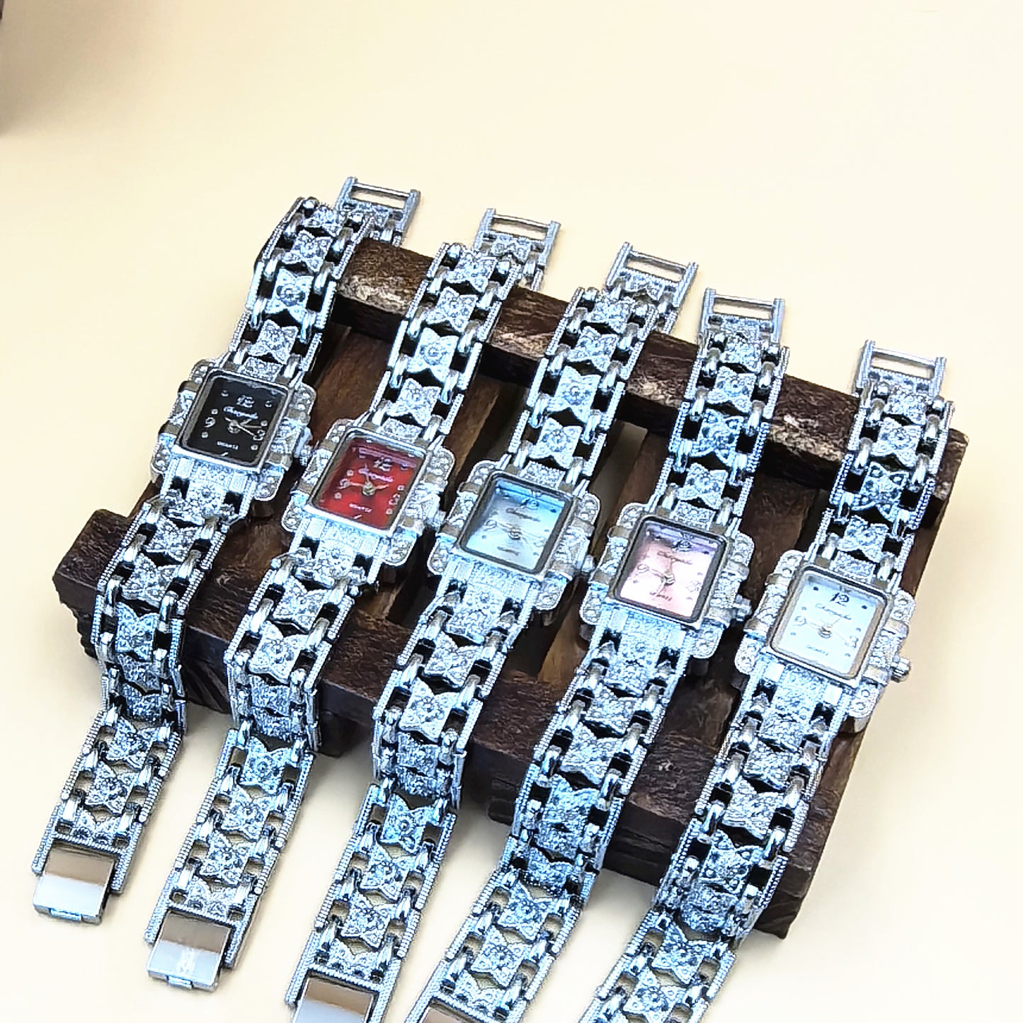 Women Rectangle Dial Silver Stainless Steel Crystal Watches