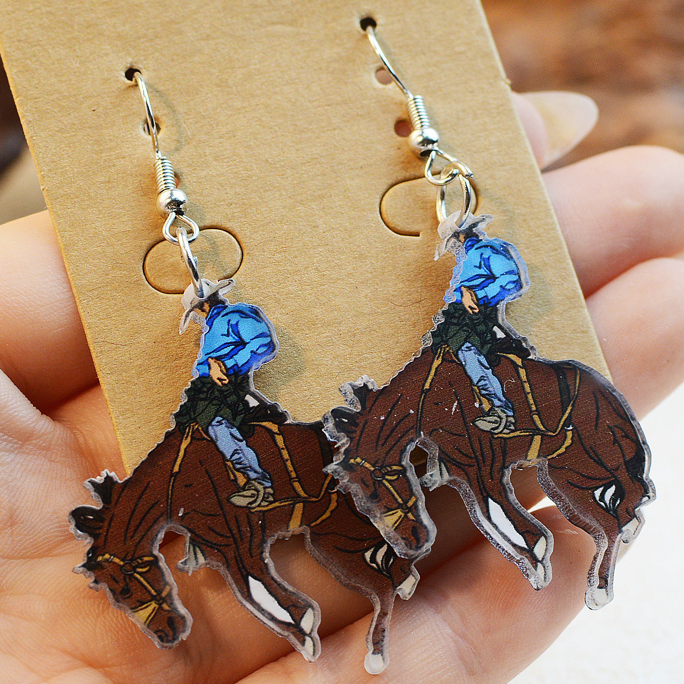 Western Style Denim Horse Riding Acrylic Earrings