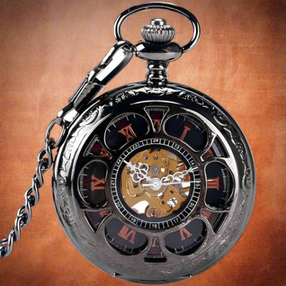 Black Steampunk Mechanical Pocket Watch