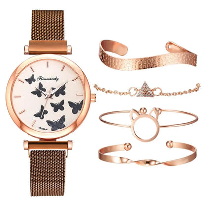 Woman's Butterfly Pattern Rose Gold Bracelet Watch Set