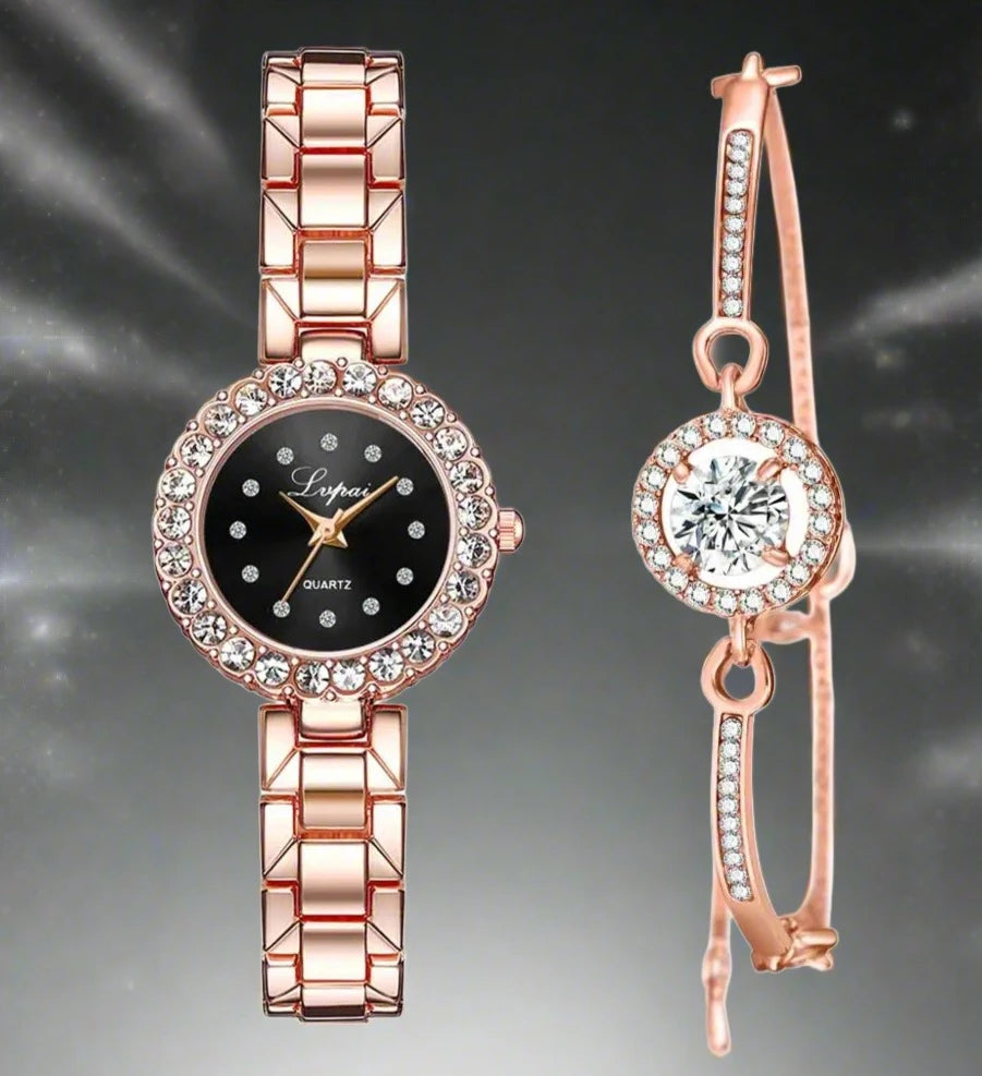 2PCS Diamond Stainless Steel Woman Watch Sets