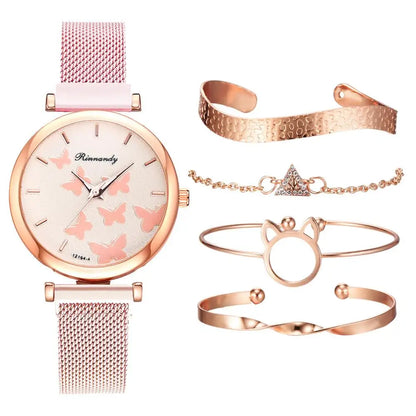 Woman's Butterfly Pattern Rose Gold Bracelet Watch Set