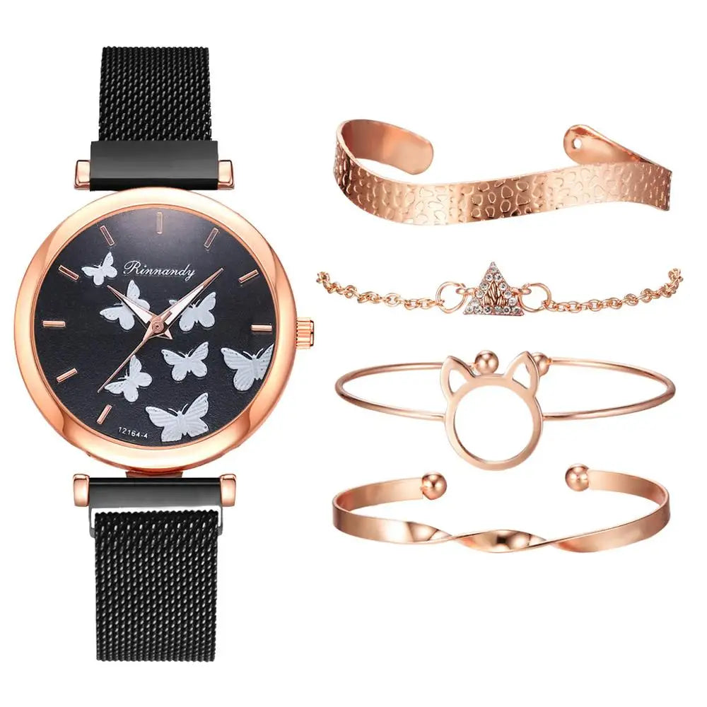 Woman's Butterfly Pattern Rose Gold Bracelet Watch Set