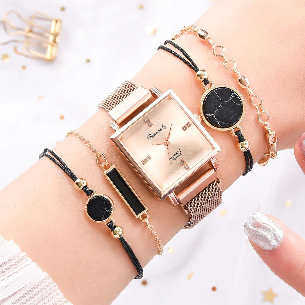 Women's Watches Square Dial Rhinestone Watch Bracelet Set