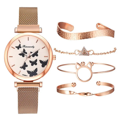 Woman's Butterfly Pattern Rose Gold Bracelet Watch Set