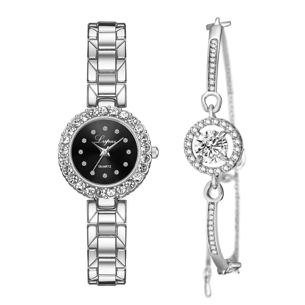 2PCS Diamond Stainless Steel Woman Watch Sets