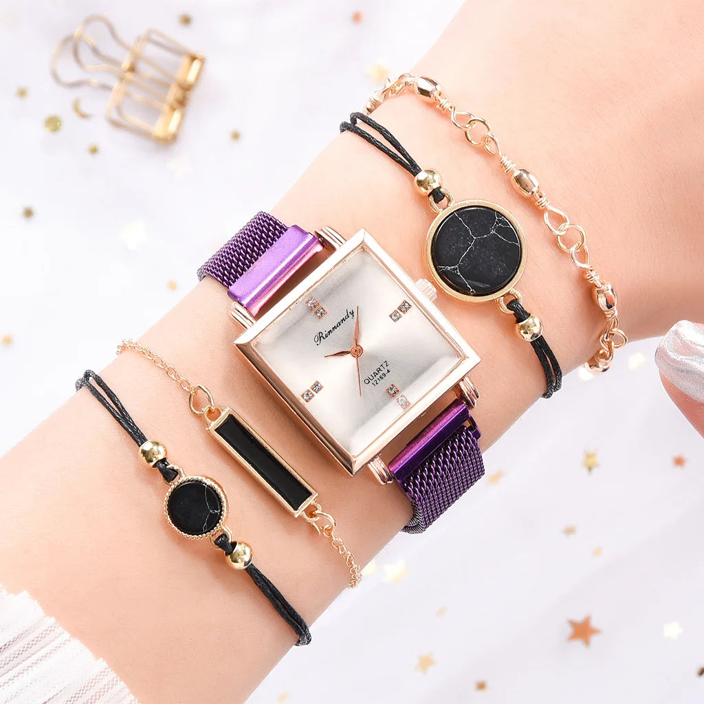 Women's Watches Square Dial Rhinestone Watch Bracelet Set