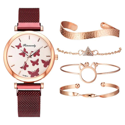 Woman's Butterfly Pattern Rose Gold Bracelet Watch Set