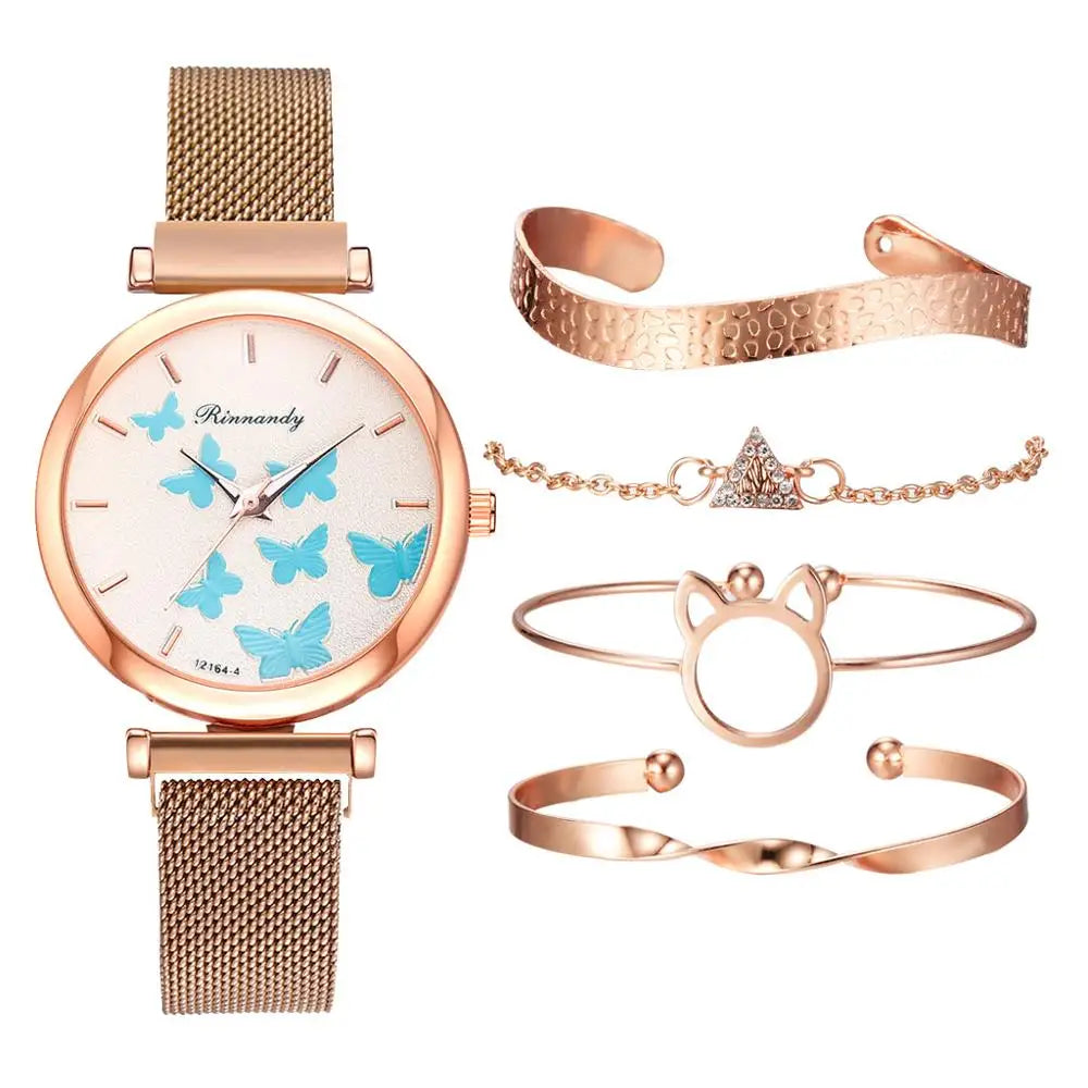 Woman's Butterfly Pattern Rose Gold Bracelet Watch Set