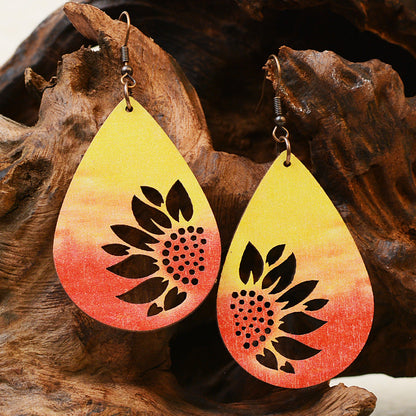 Western Style Sunflower Wooden Double Sided Print Earrings