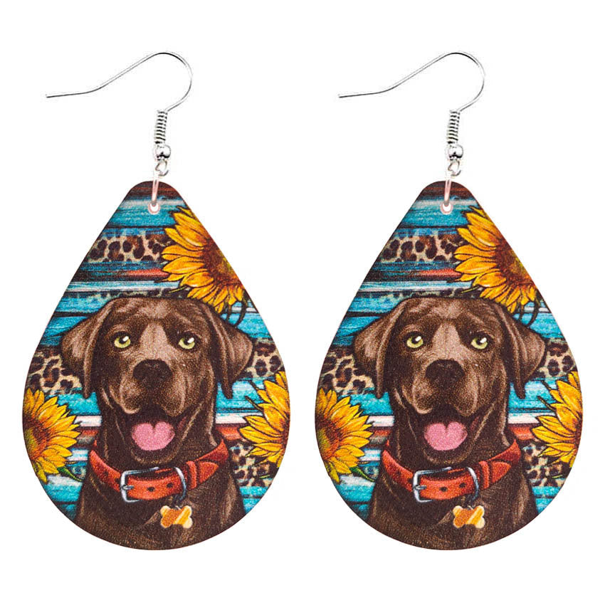 Western Aztec Leopard Sunflower Labrador Leather Drop Earrings