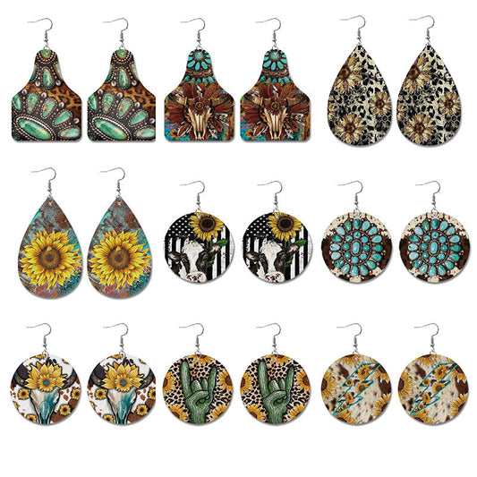 Western Style Sunflower Cow Leather Earrings