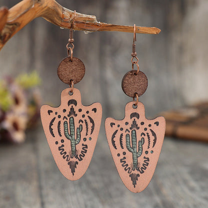 Western Vintage Style Arrow Carved Cactus Wooden Earrings