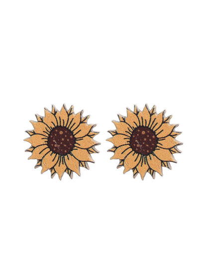 Western Style Sunflower Flower Chrysanthemum Pattern Wooden Earrings