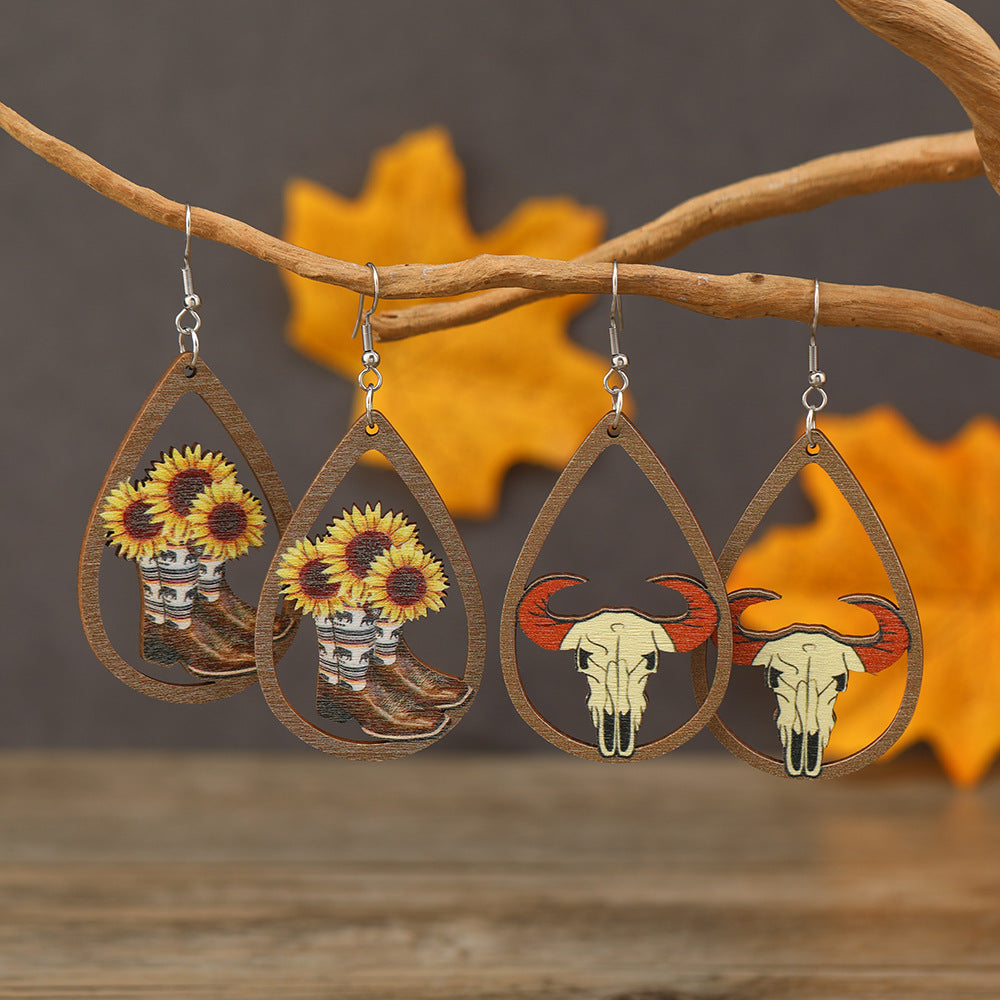 Western Style Sunflower Bull Head Wooden Earrings