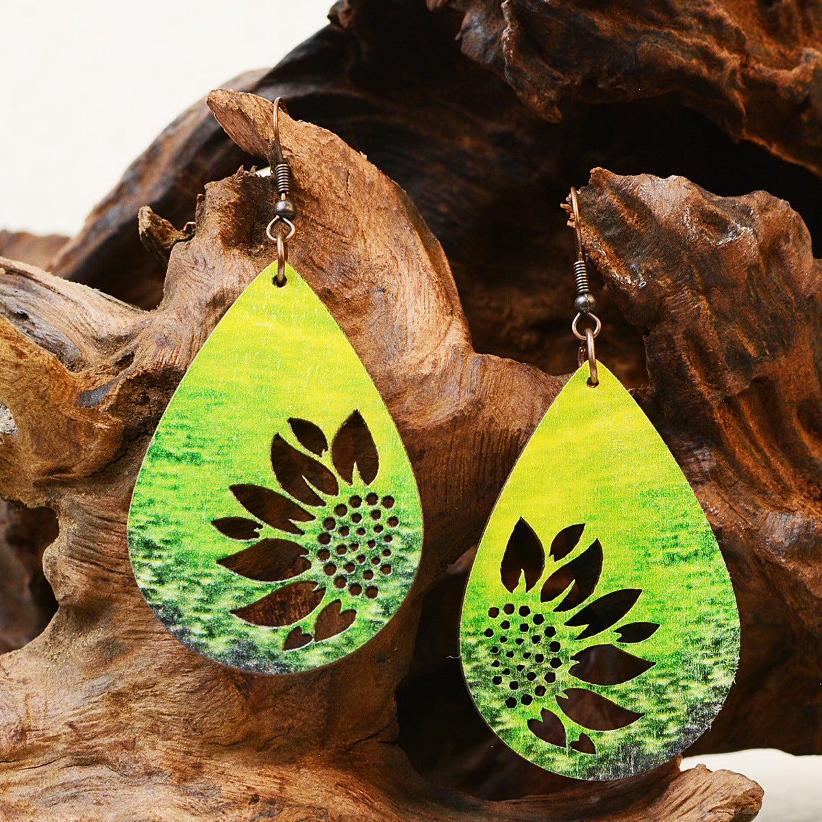 Western Style Sunflower Wooden Double Sided Print Earrings