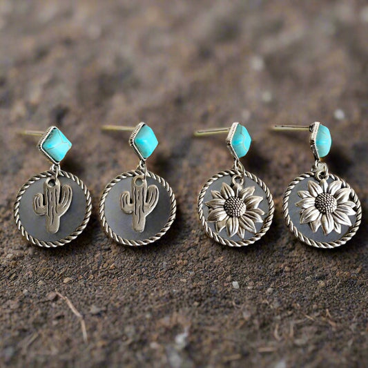 Western Style Cactus Sunflower Alloy Turquoise Earrings