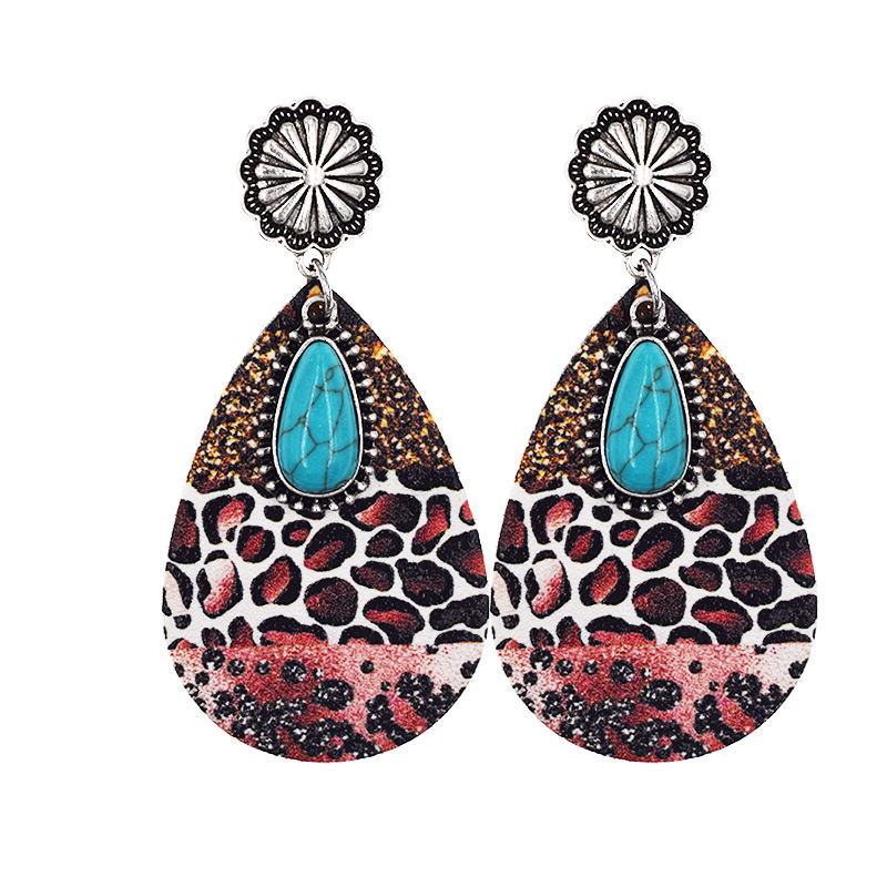 Western Denim Leopard Leather Earrings