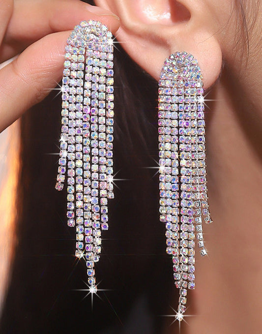 AB Rhinestone Long Tassel Earrings