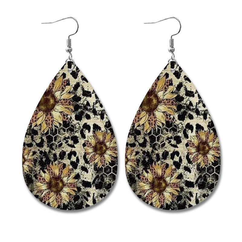 Western Style Sunflower Cow Leather Earrings