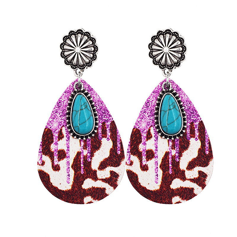 Western Denim Leopard Leather Earrings