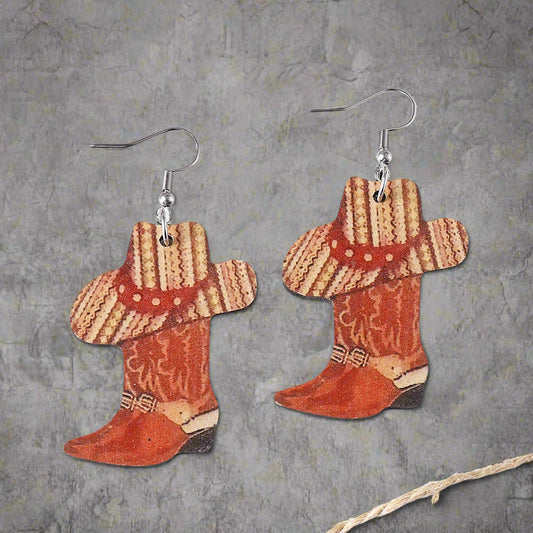 Western Cowboy Boots Hat Wooden Earrings