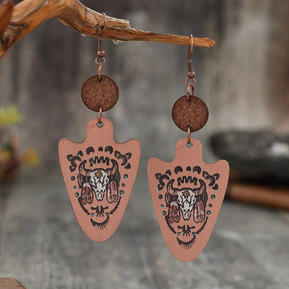 Western Vintage Style Arrow Carved Cactus Wooden Earrings