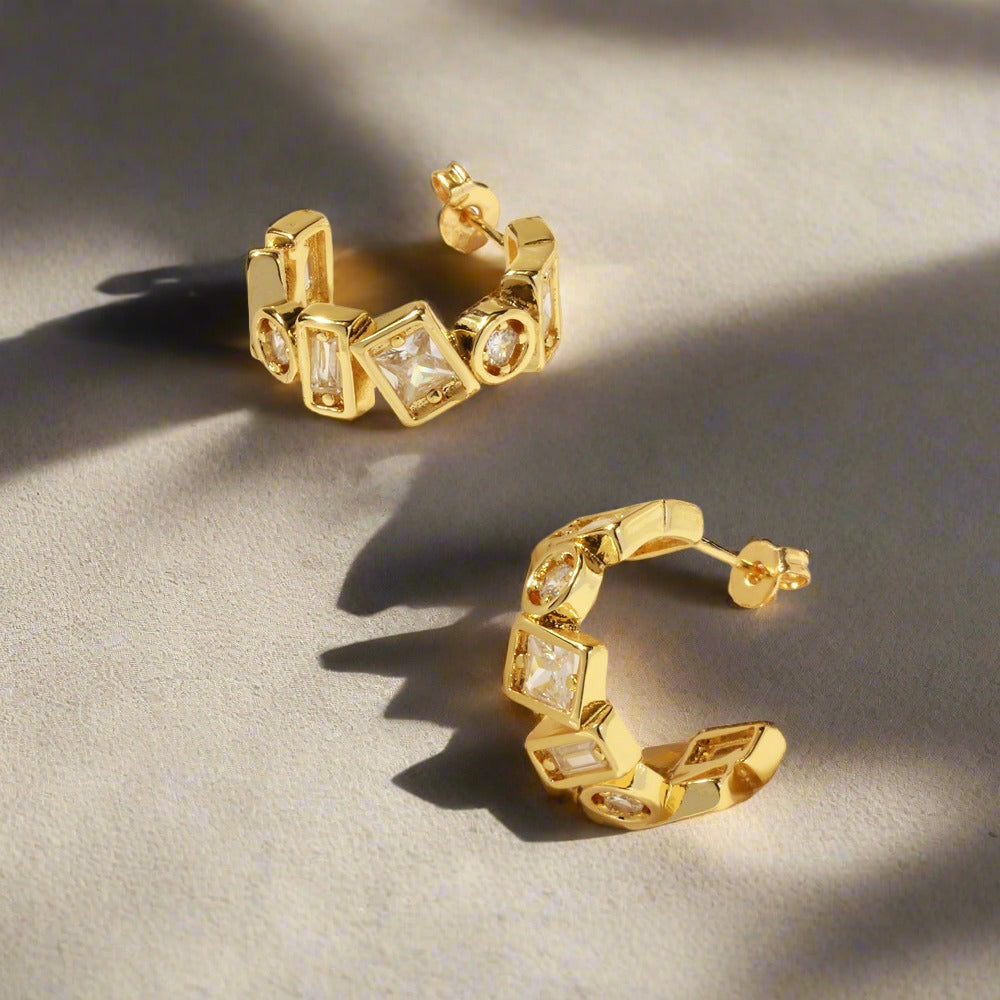 18K Copper Gold Plated Zircon C-shaped Earrings