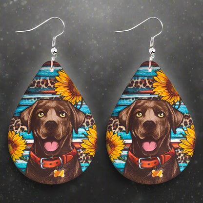 Western Aztec Leopard Sunflower Labrador Leather Drop Earrings