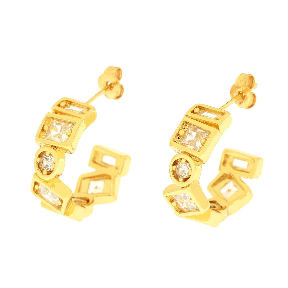 18K Copper Gold Plated Zircon C-shaped Earrings