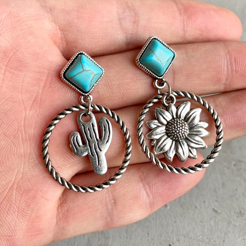 Western Style Cactus Sunflower Alloy Turquoise Earrings